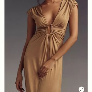 Anthropologie pull on vneck Ring gold brown Midi Dress sleeveless size XS 2